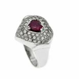 Rubin-Brillant-Ring WG 585/000 mit einem fac. Rubin-Herz 0,70 ct in guter Farbe und 66Brillanten,