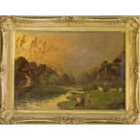 Dt. Maler um 1860, Paar Landschaften mit Staffagefiguren. Eine mit Anglern und Schafen amUfer