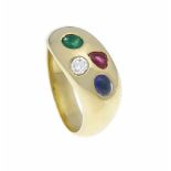 Smaragd-Rubin-Saphir-Ring GG 750/000 mit je einem oval fac. Smaragd 4 x 3 mm,Saphircabochon 4 x 2,