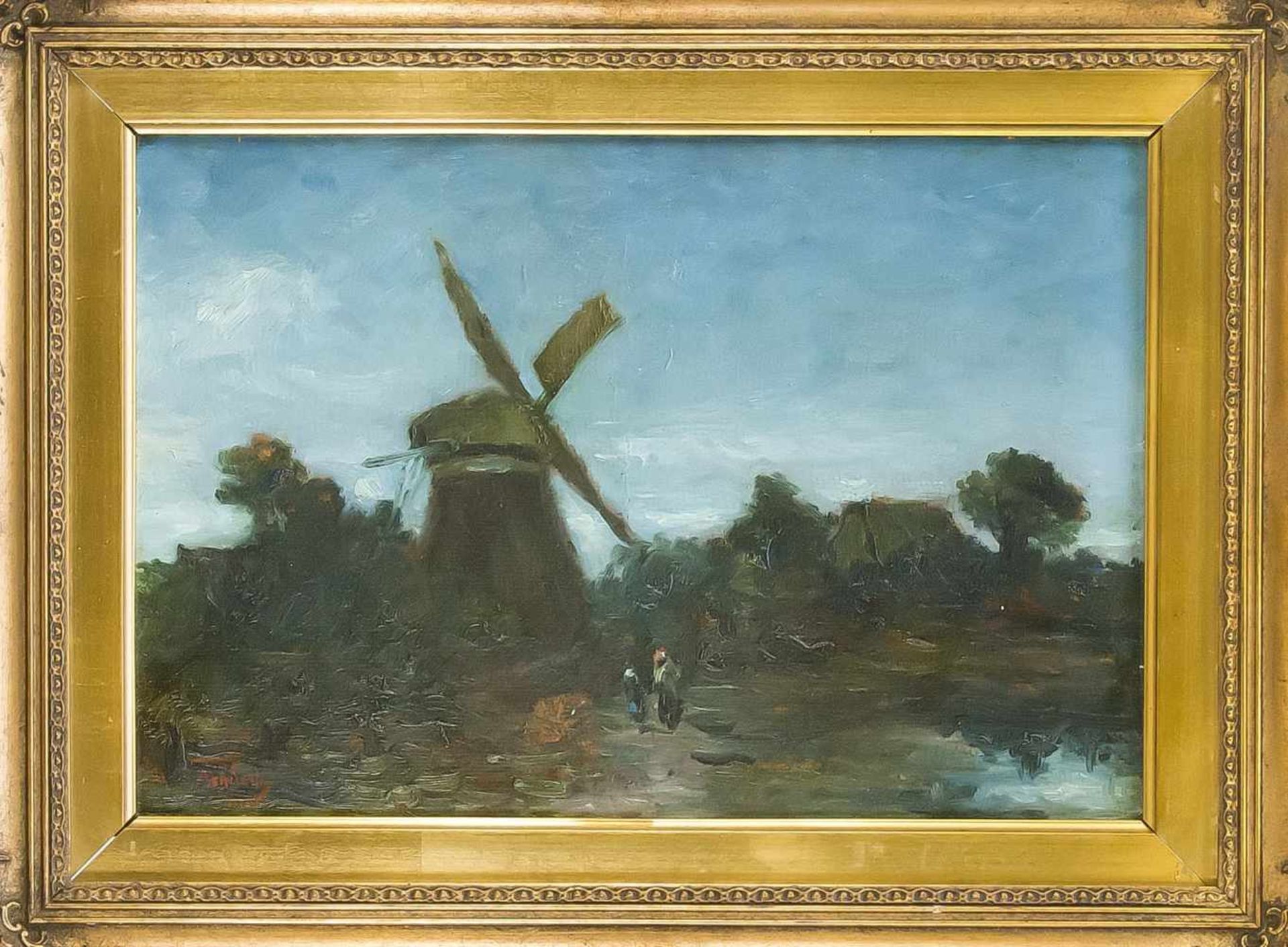 Aenderly Möller (1863-1936), Hamburger Maler, norddeutsche Landschaft mit Windmühle, Ölauf Karton,