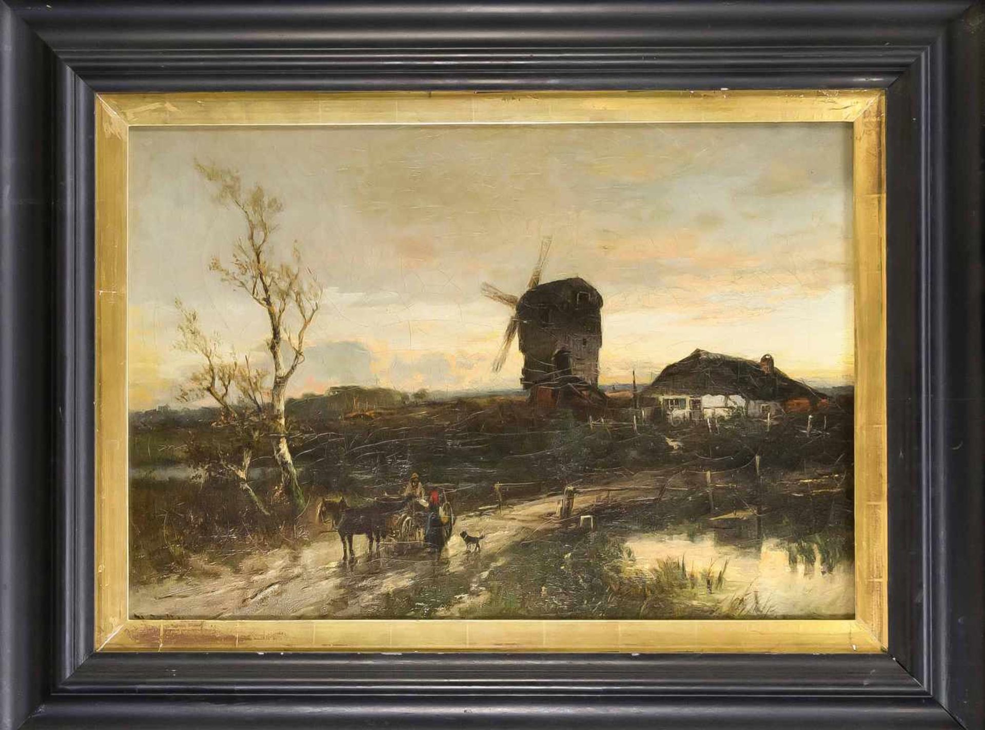 Heinrich Hiller (1846-1912), Bäuerin im Gespräch an einem Wagen in Landschaft mit Mühleund