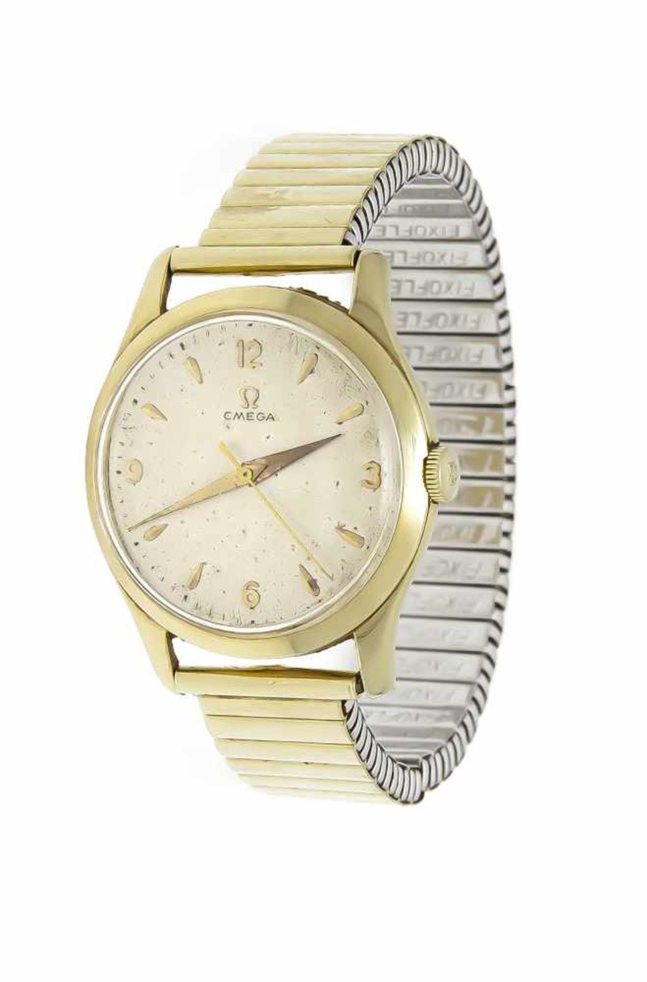 Omega Herrenarmbanduhr, GG 585/000, Handaufzug läuft, goldenes Zifferblatt, Nr. 12461994,Werk 283,