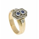 Saphir-Diamant-Ring GG/WG 585/000 mit 2 rund fac. Saphiren 2,2 mm und 10 Diamantrosen, RG45, 4,0