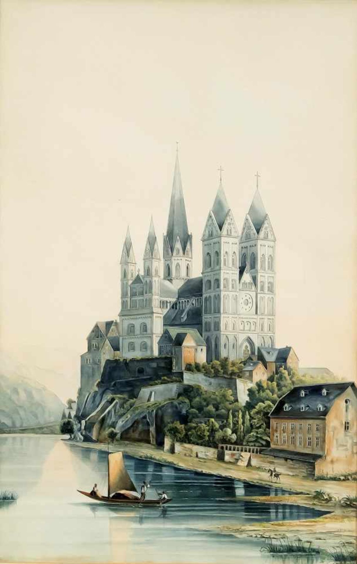 Vedutenmaler des 19. Jh., Ansicht des Limburger Doms an der Lahn, Aquarell auf Papier, u.li.