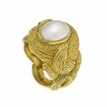 Perlen-Ring GG 750/000 mit einer ovalen Muschelkern-Halbperle 9,5 x 7,5 mm, RG 50, 7,6 gPearl ring