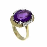 Amethyst-Ring GG 585/000 mit einem oval fac. Amethyst 16 x 12 mm in guter Farbe und 10Brillanten,