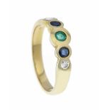 Saphir-Smaragd-Brillant-Ring GG 585/000 mit einem rund fac. Smaragd 3,2 mm, 2 Saphiren 3mm und 2