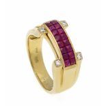 Rubin-Brillant-Ring GG 750/000 mit 16 carréförmig fac. Rubinen 2 mm in guter Farbe undReinheit,