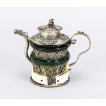 Kleines Teekännchen, China, um 1900. Metallkorpus (Silber?) mit Drachen undPhönix-Applikationen,