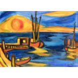 Günther Winkler (1923-2006), Schüler von Karl Schmidt-Rottluff, Fischerboote beiSonnenuntergang,