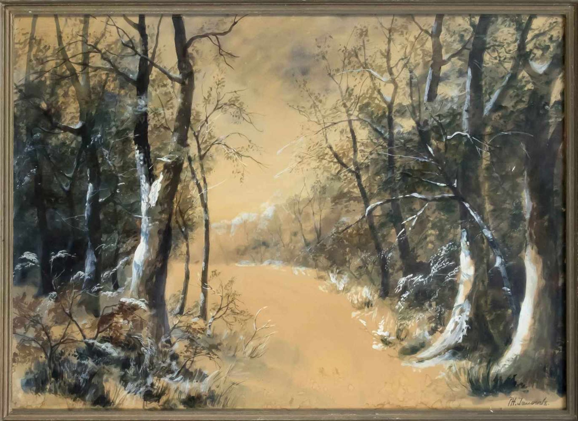 Ph. Janowitz, 1. H. 20. Jh., winterliches Waldstück, Aquarell, weiß gehöht, aufchamoisfarbenem