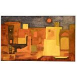 Walter Matysiak (1915-1985), abstrahierte Stadtansicht mit roter Sonne, Öl auf Lwd., u.li. sign.