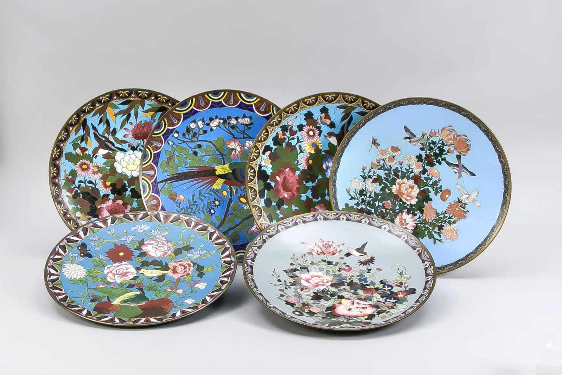 6 Cloisonné-Wandteller, Japan, Ende 19. Jh. (Meiji). Alle mit Vogel- und Blumendekor vorblauem