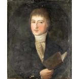Anonymer Bildnismaler um 1820, Portrait eines jungen Mannes mit Buch, verso auf Etikettalt