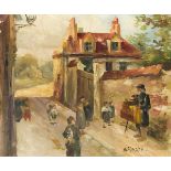 Sig. B. Härta, 1. H. 20. Jh., Kinder lauschen einem Leierkastenmann auf einer Dorfstraße,Öl auf