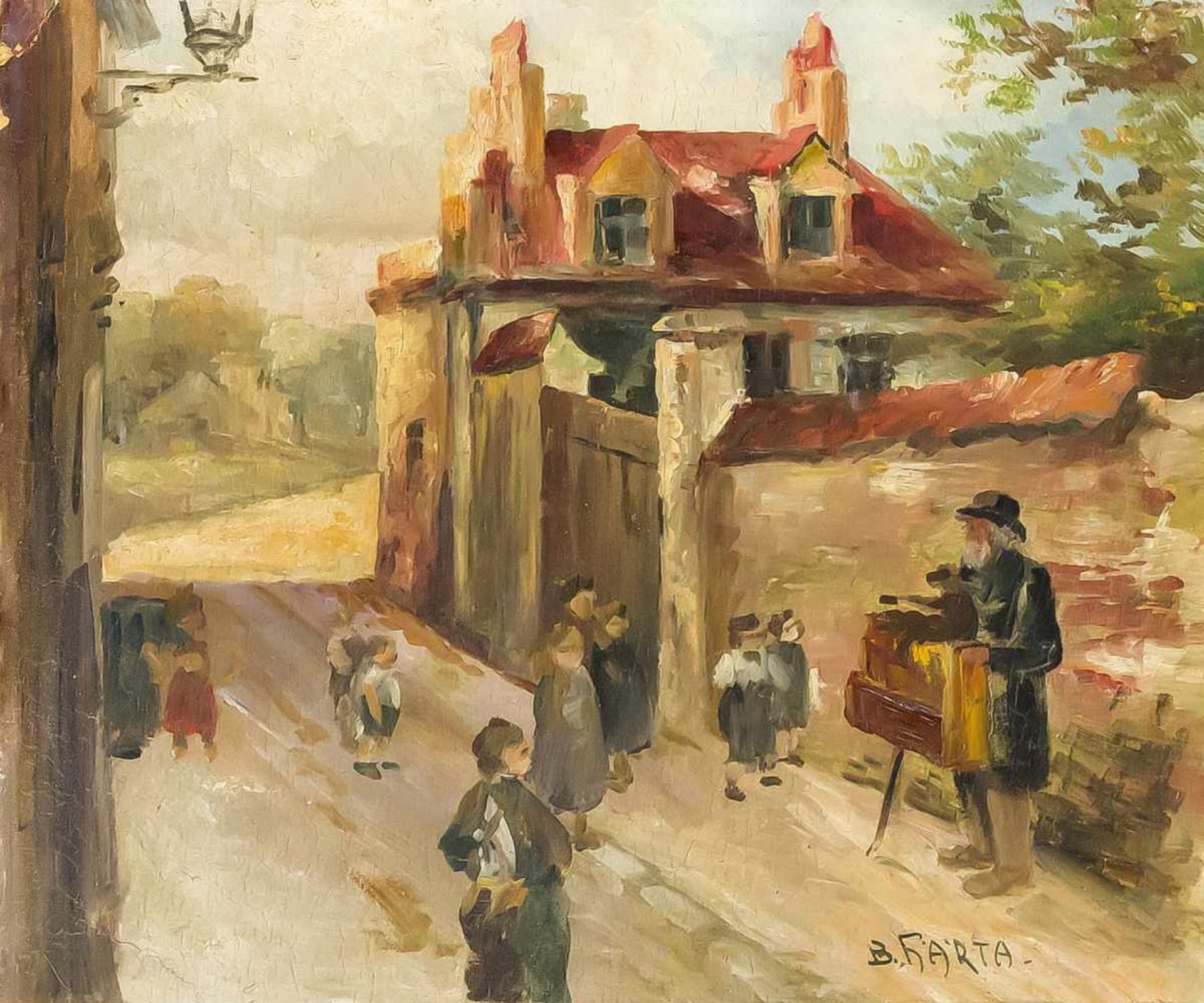 Sig. B. Härta, 1. H. 20. Jh., Kinder lauschen einem Leierkastenmann auf einer Dorfstraße,Öl auf