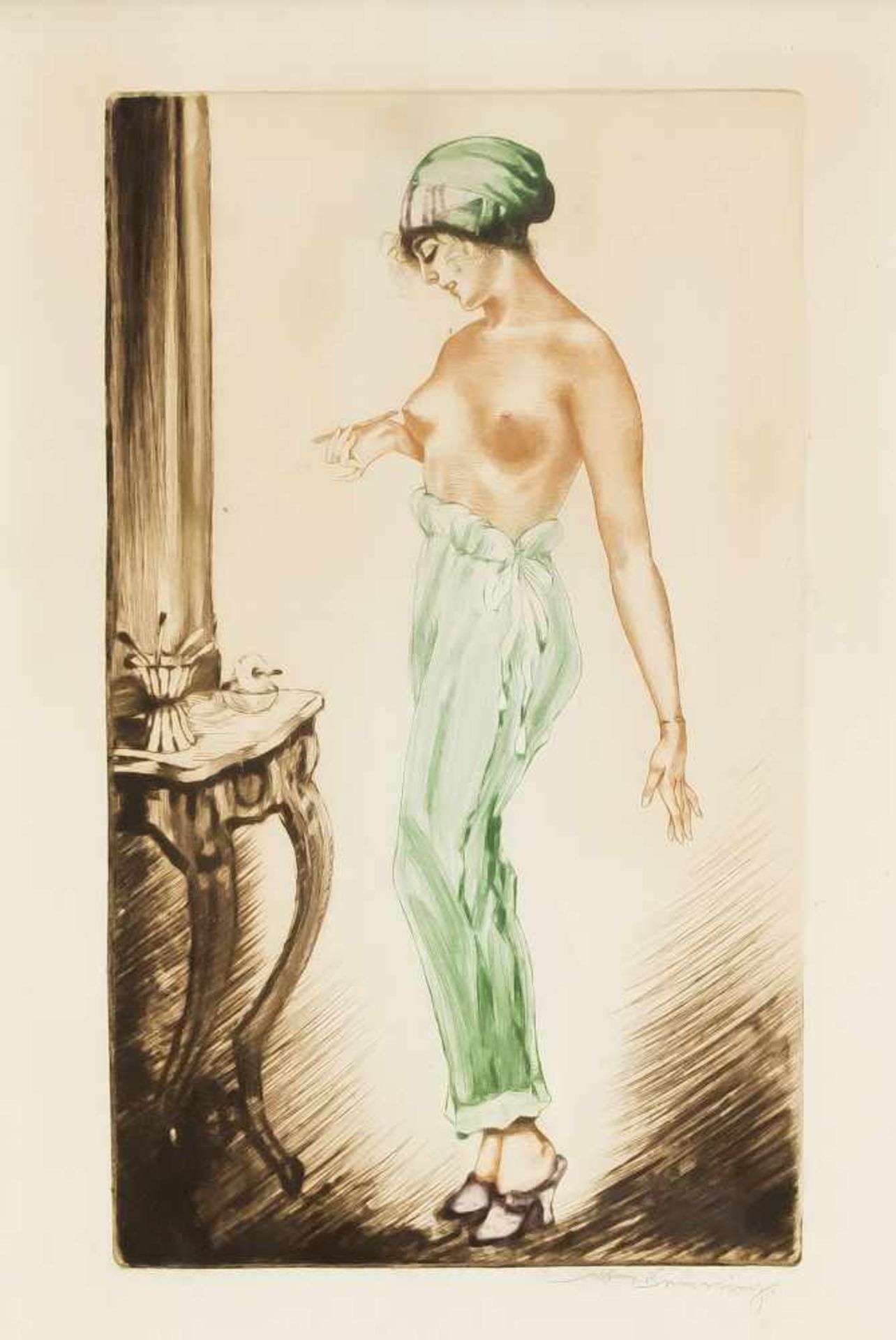 Max Brüning (1887-1968), weiblicher Halbakt bei der Toilette, Farbradierung, u. re.handsign., 33,5 x