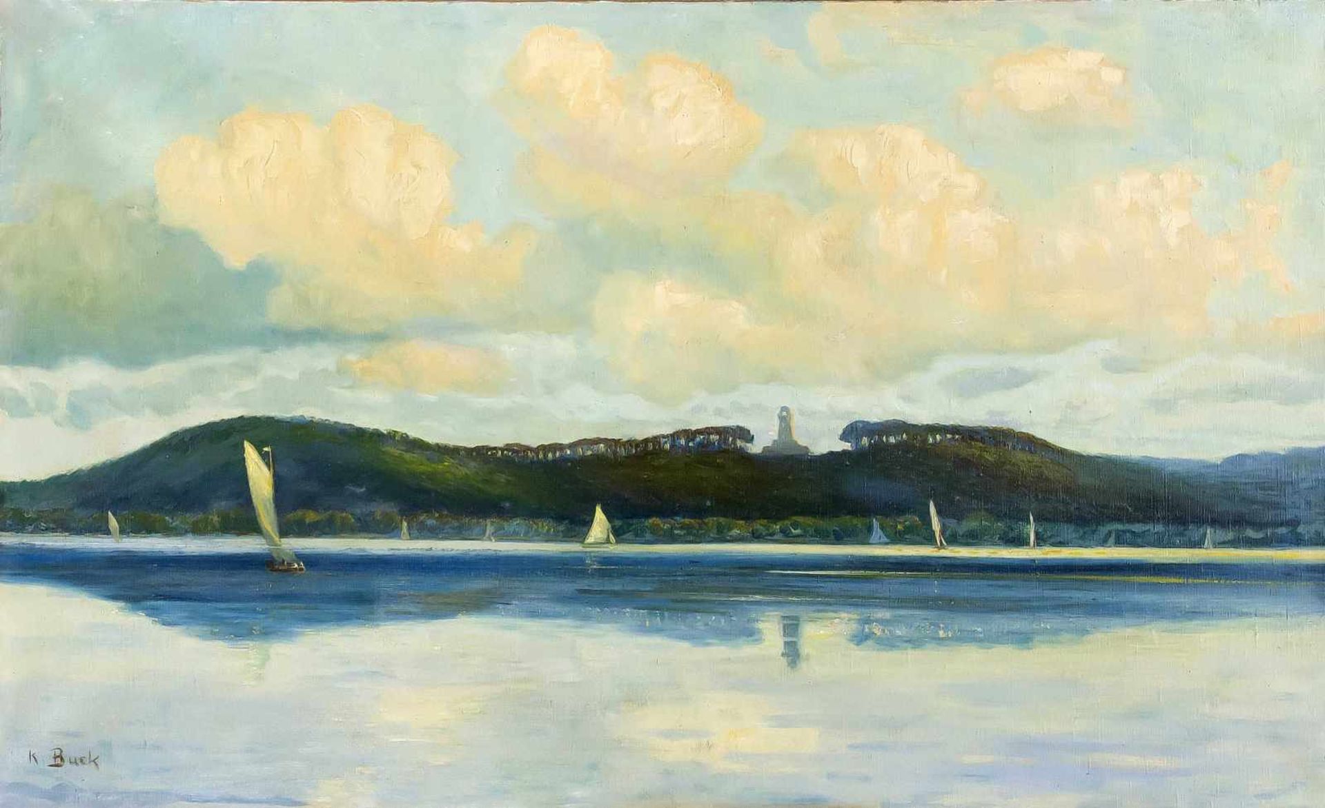 K. Buck, Marinemaler um 1900, Segler auf dem Müggelsee mit der Bismarckwarte imHintergrund, u. li.