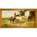 Anonymer Maler um 1900, Reiter mit vier Pferden auf dem Weg zum Stall, Öl auf Lwd.,unsign.,