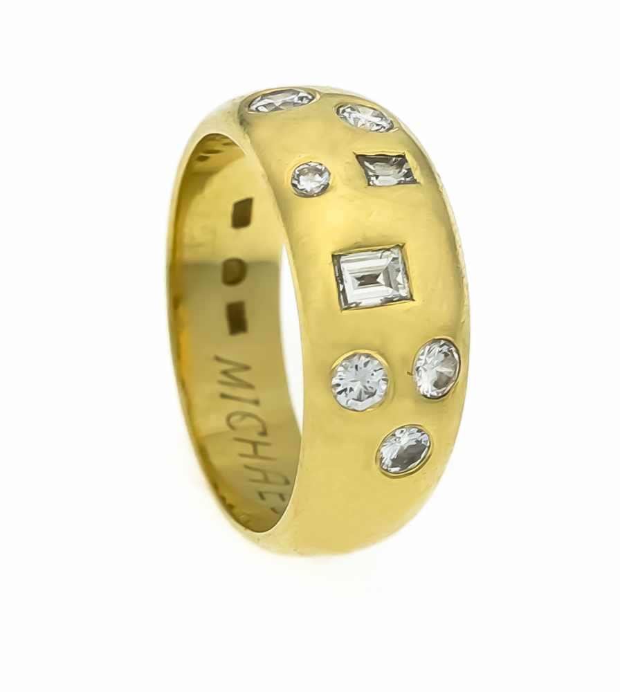 Brillant-Ring GG 750/000 mit 6 Brillanten und 2 Diamant-Baguettes, zus. 0,85 ct W/VS-SI,RG 56, 9,3