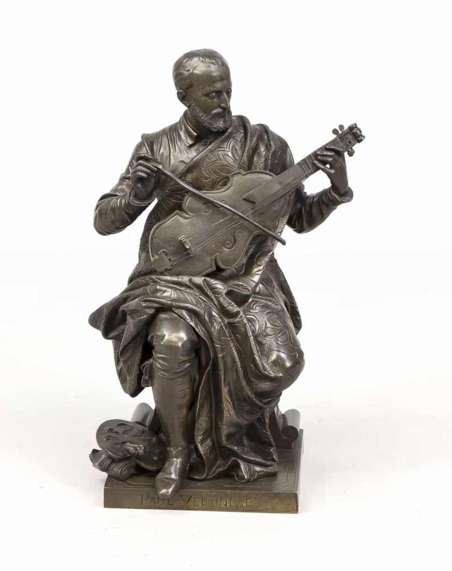 Sign. Larment, frz. Bildhauer des 19. Jh., Renaissancemusiker mit Streichinstrument, nacheinem