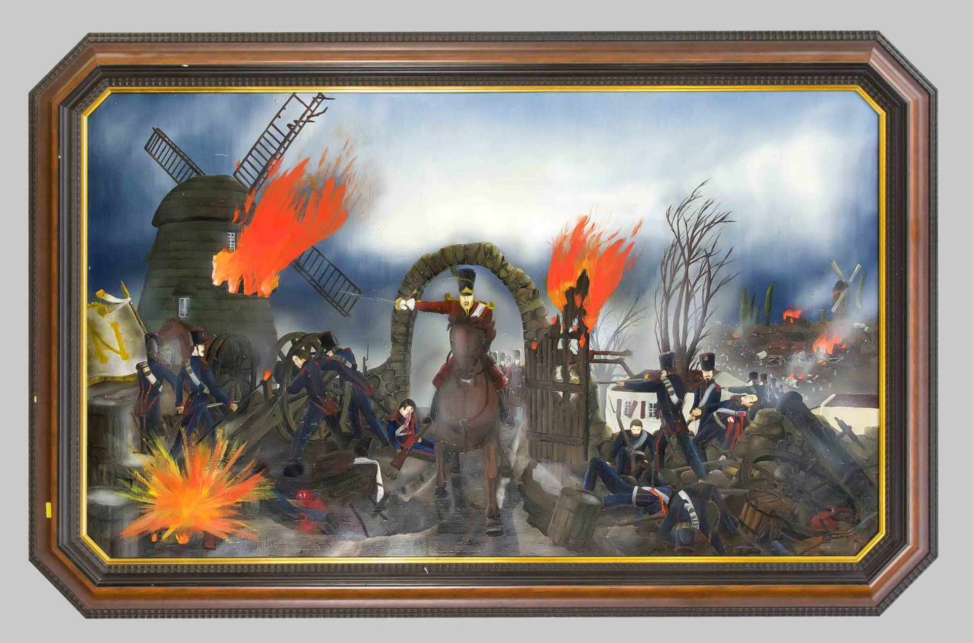 Sign. Ullrich, Ende 20. Jh., große naive, Schlachtenszene mit Sturm auf NapoleonischeTruppen, Öl auf