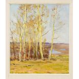 Russischer Maler des 20. Jh., weite Herbstlandschaft mit einer Lindenallee am Ufer einesWeihers,