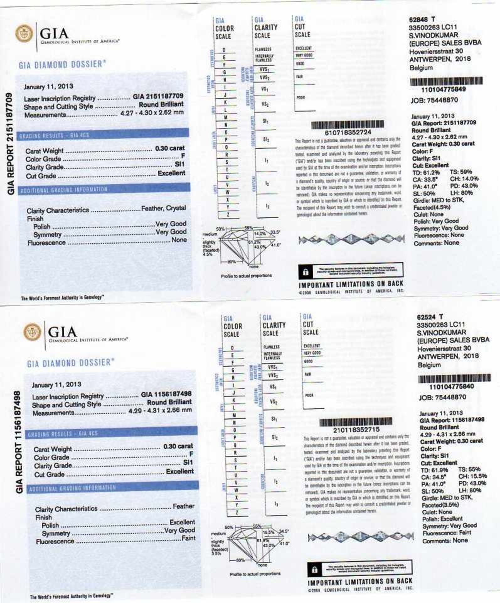 Brillant-Ohrstecker WG 585/000 mit 2 Brillanten, zus. 0,60 ct FeinesWeiß(F)/SI1,exzellenter Schliff, - Bild 2 aus 2