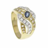 Saphir-Brillant-Ring GG/WG 750/000 mit einem oval fac. Saphir 5,3 x 3 mm und 26Brillanten, zus. 0,26