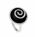 Onyx-Brillant-Ring WG 750/000 mit einem runden Onyxcabochon 15 mm und 18 Brillanten, zus.0,11 ct