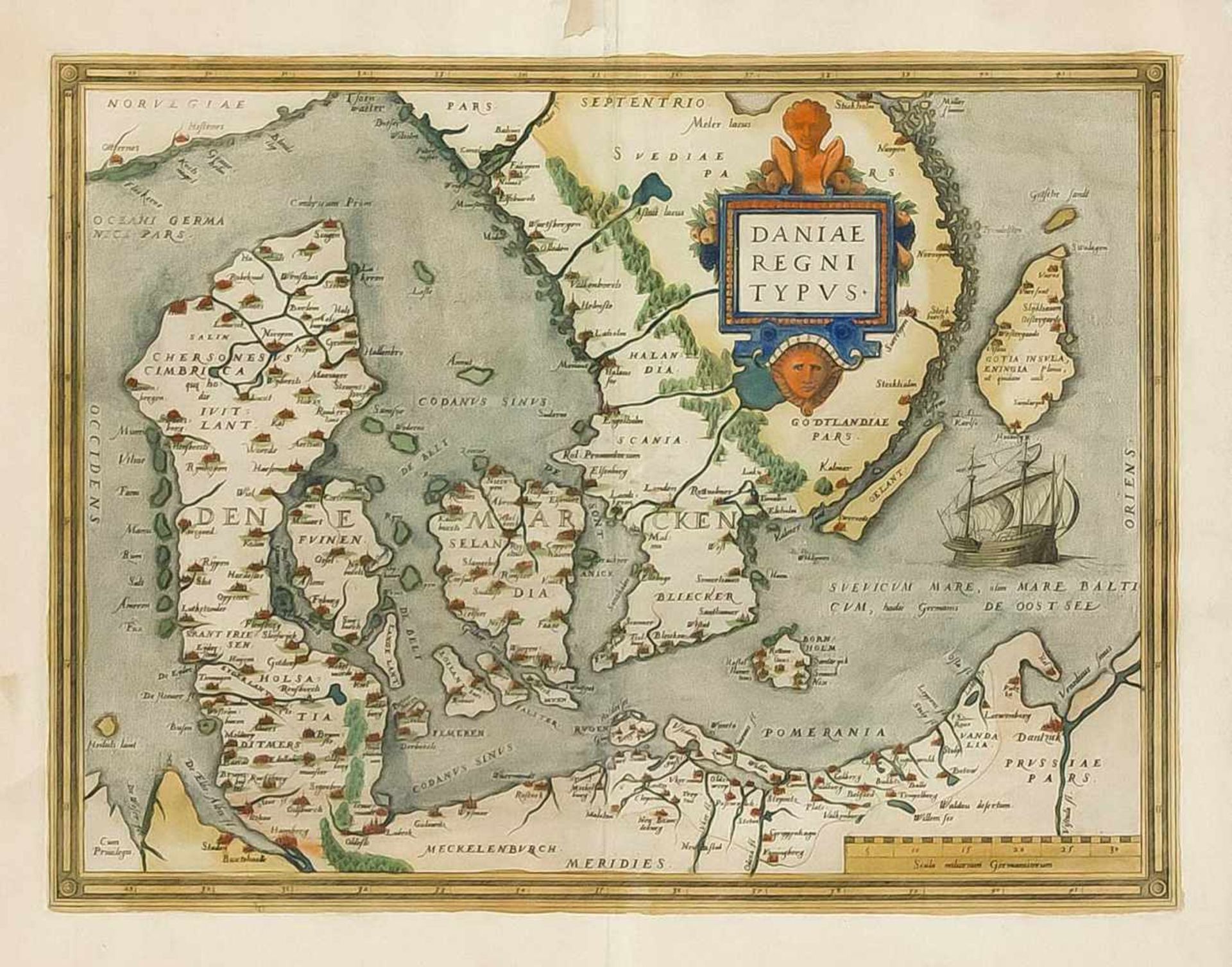 Ortelius, historische Karte von Dänemark aus dem "Theatrum Orbis Terrarum", "Daniae RegniTypus",