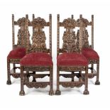 Satz von vier Historismus-Stühlen um 1880, Eiche massiv, zeittypisches Schnitzwerk imRücken