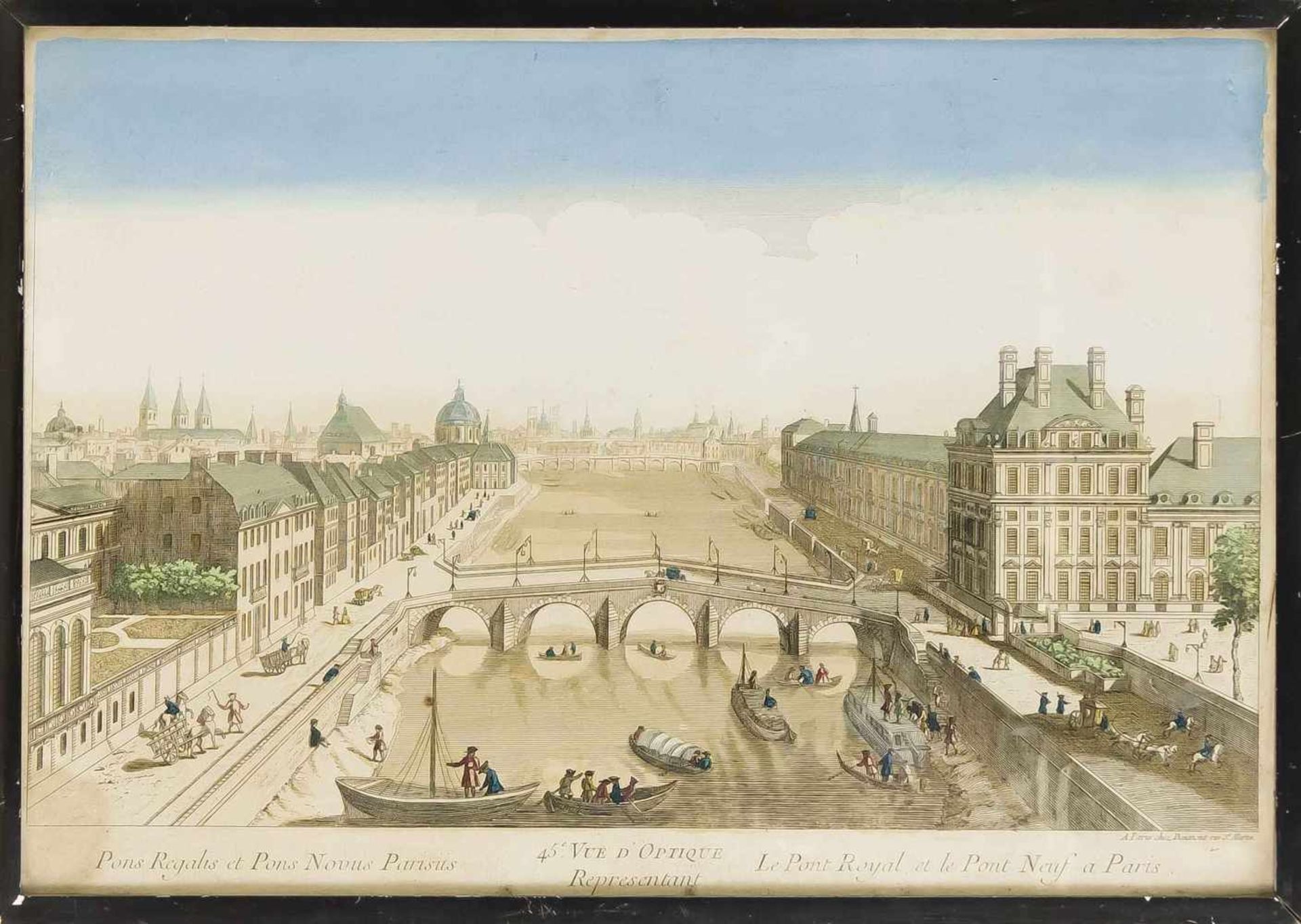 Guckkastenblatt, Ansicht von Paris "Pons Regalis et Pons Novus Parisius", altkol.Kupferstich bei