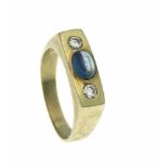 Saphir-Brillant-Ring GG 585/000 mit einem ovalen Saphircabochon 7 x 5 mm und 2 Brillanten,zus. 0,