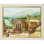 M. Riolo, italienischer Maler 2. H. 20. Jh., Ansicht der Ruinen von Taormina mit dem Ätnaim