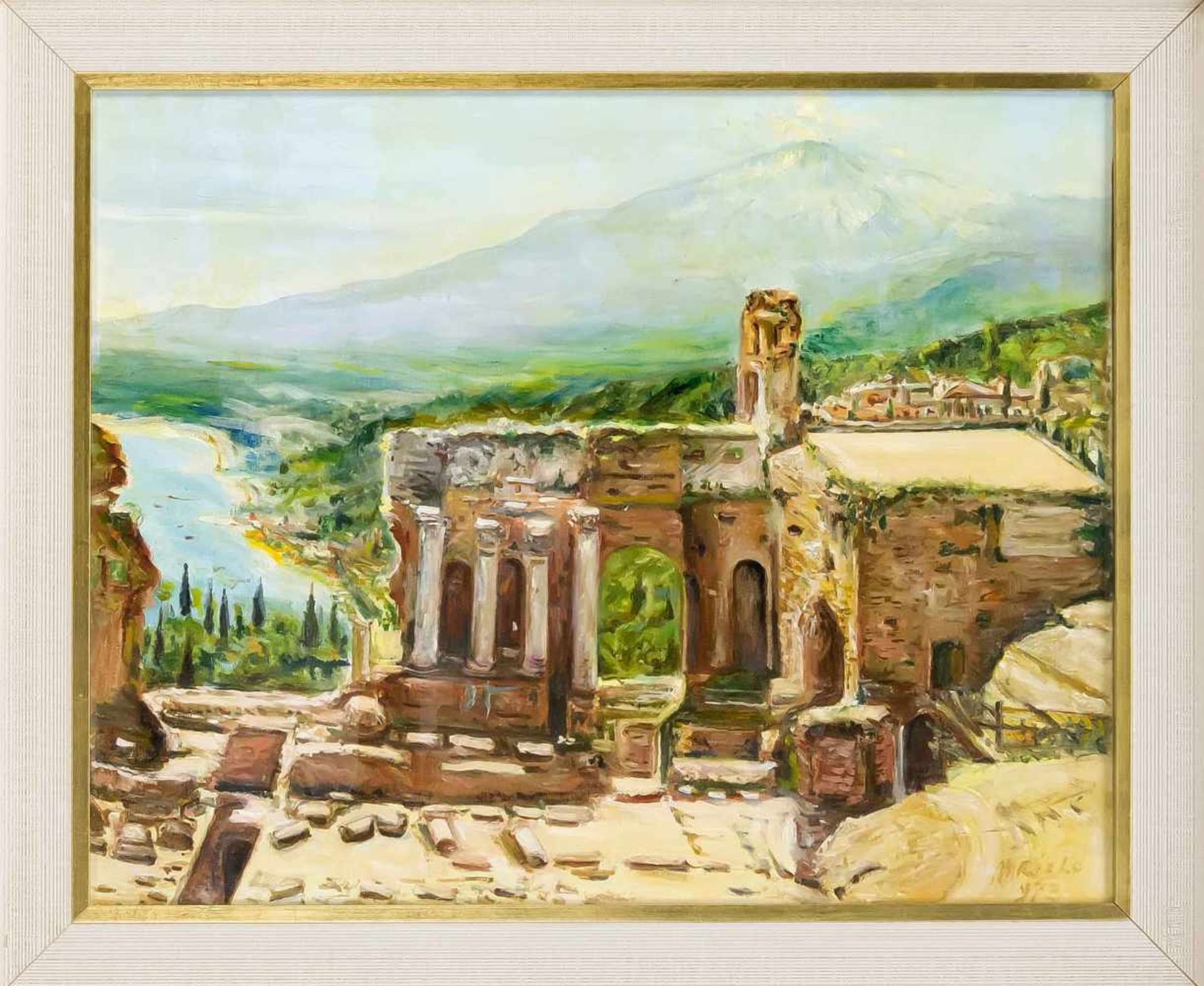 M. Riolo, italienischer Maler 2. H. 20. Jh., Ansicht der Ruinen von Taormina mit dem Ätnaim