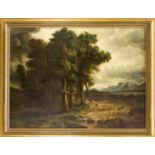 H. Vogel nach Alexandre Calame (1810-1864), 19. Jh., "Eichen im Sturm", Mann mitHunden flieht vor