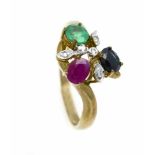 Multicolor-Diamant-Ring GG/WG 333/000 mit je einem oval fac. Rubin, Smaragd und Saphir 5 x4 mm und 5