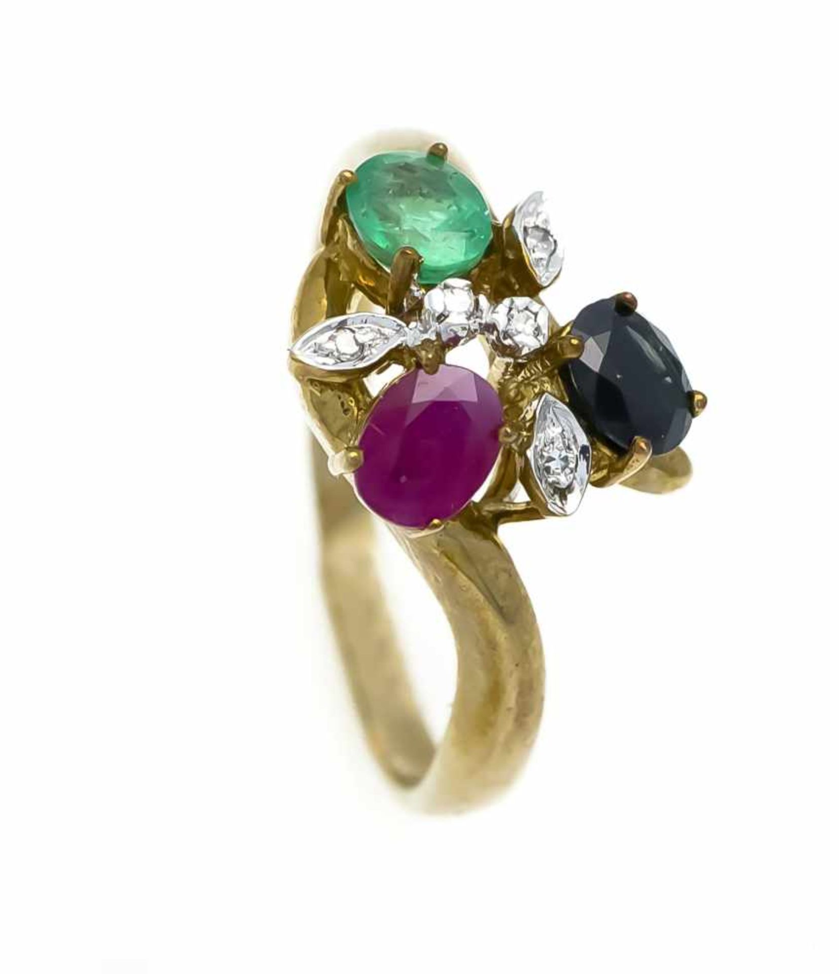 Multicolor-Diamant-Ring GG/WG 333/000 mit je einem oval fac. Rubin, Smaragd und Saphir 5 x4 mm und 5