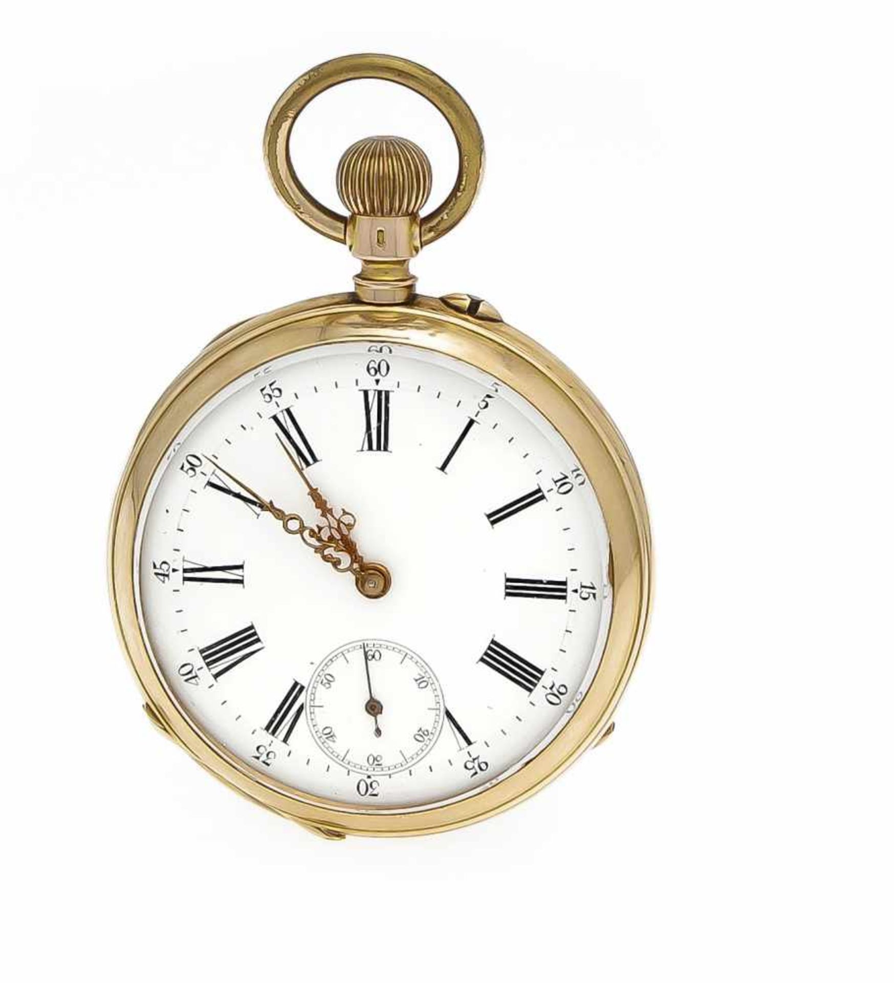 Herrentaschenuhr offen GG 585/000, weißes Emaille-Zifferblatt mit röm. Ziffern, vergoldeteZeiger,