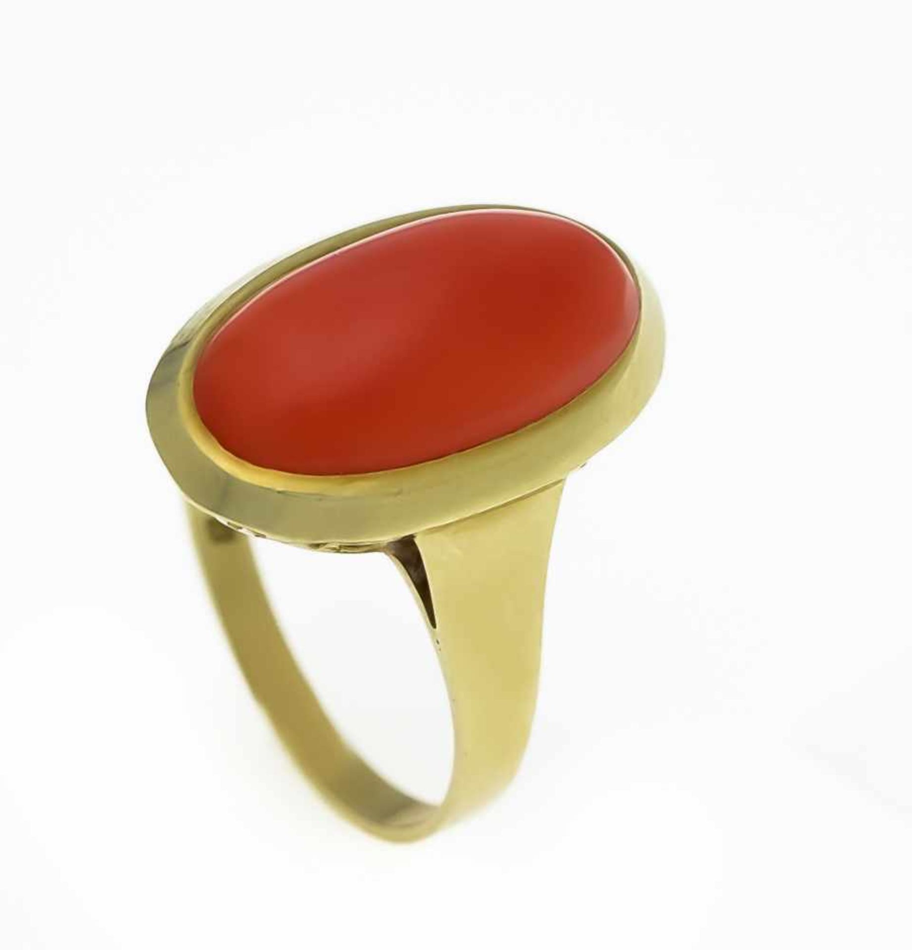 Korallen-Ring GG 585/000 mit einem ovalen Korallen-Cabochon 17,5 x 9,5 mm, RG 59, 4,9 gCoral ring GG