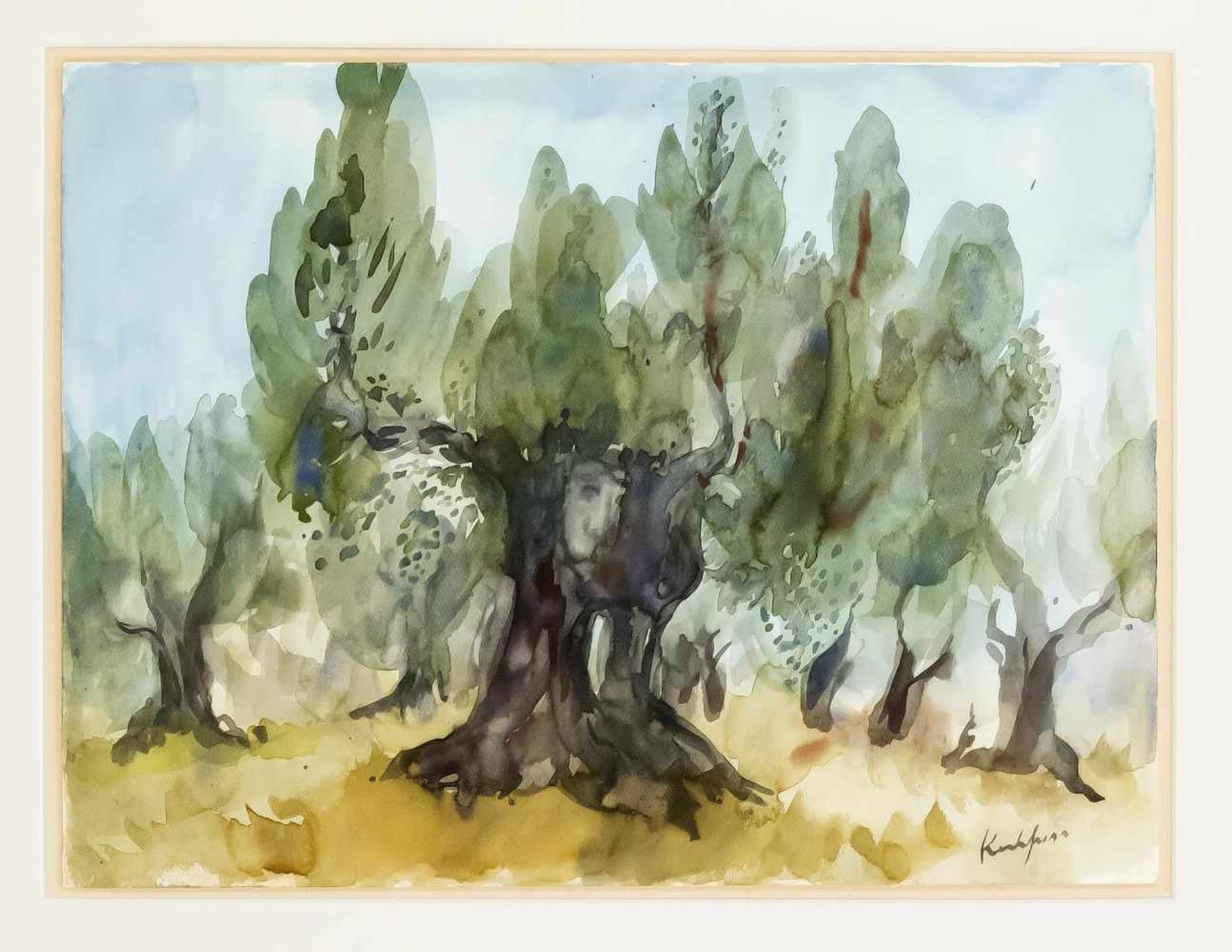 Paul Kuhfuss (1883-1960), Olivenhain, Aquarell auf dünnem Karton, sign. u. re. "Kuhfuss".Das Bild