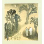 2 polychrome Tusche-Malereien, China, 20. Jh., auf Japan-Papier. 1 x Paar im Mondschein,Gedicht?-