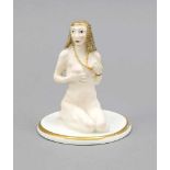 Jugendstil-Figur, Anf. 20. Jh., Keramik, kniender weiblicher Akt mit Zopffrisur inerotischer Pose,