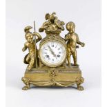 Kleine franz. Bronze-Pendule, vergoldet, 2. H. 19. Jh., Darstellung zweier Putti, einEngel und ein