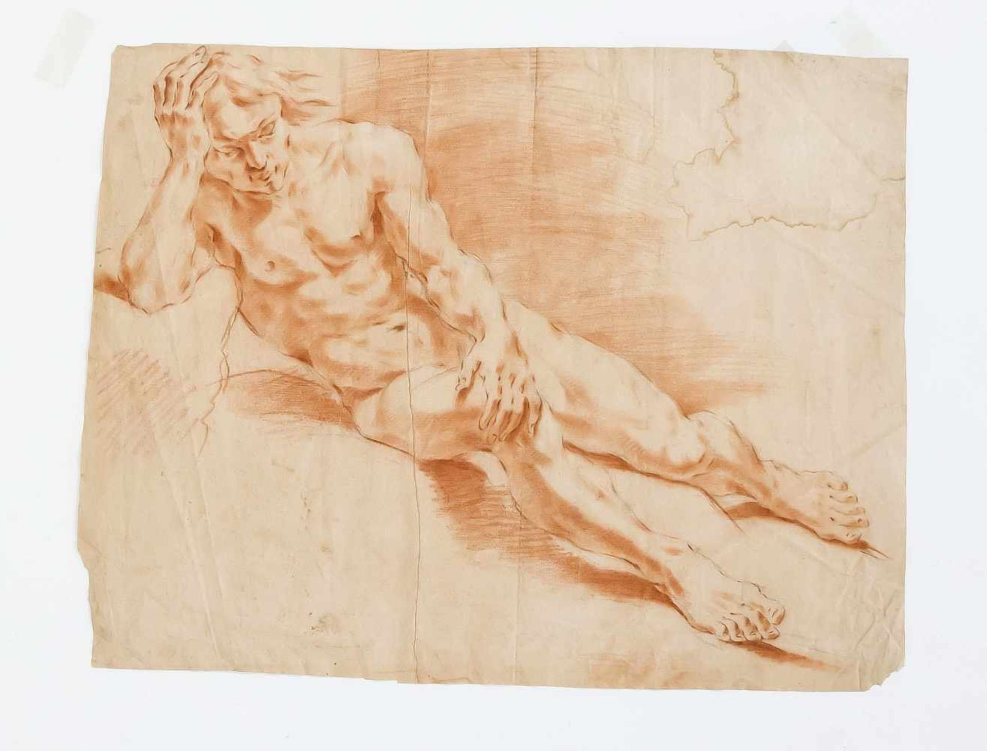 Anonymer Zeichner des 18. Jh., männliche Aktstudie in sinnierender Pose, Rötelkreide undBleistift