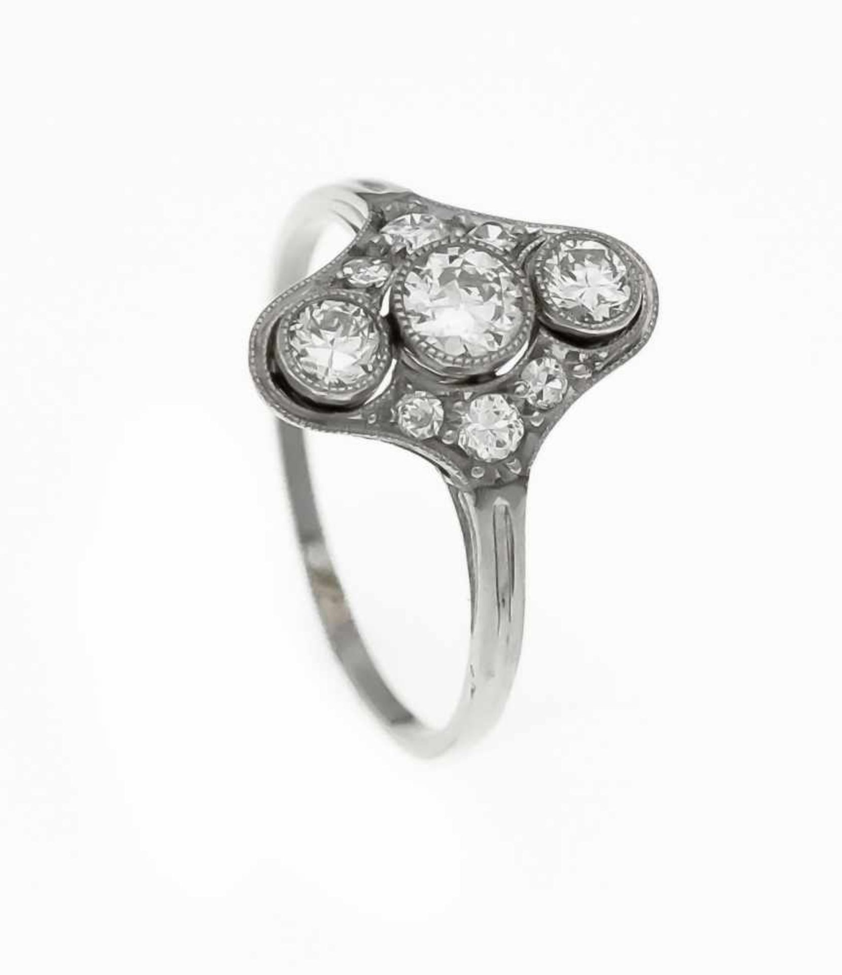 Art Déco Ring WG 750/000 mit 9 Altschliff-Diamanten, zus. 0,72 ct TW-W/VS-SI, RG 56, 2,5 gArt Deco