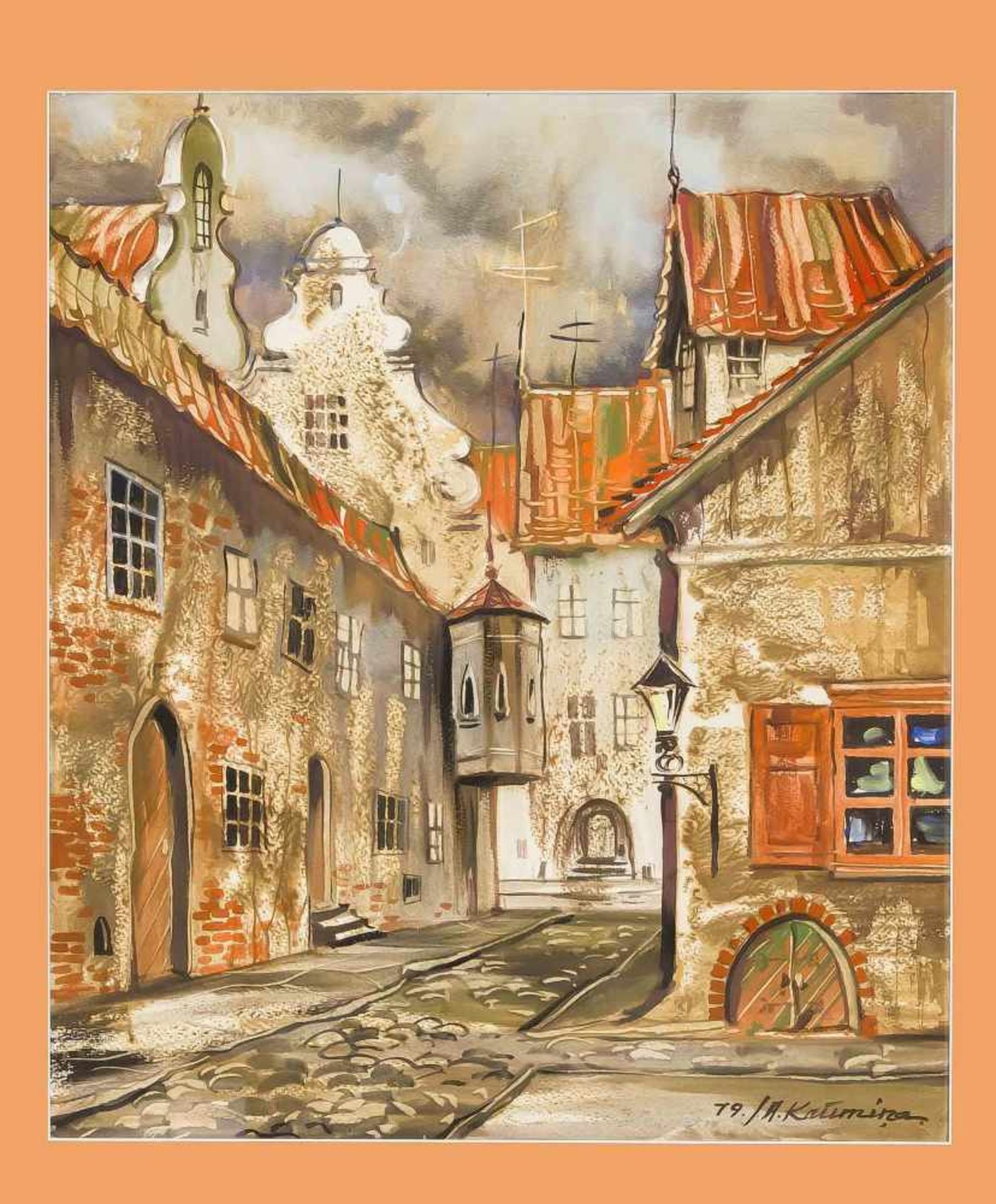 J. A. Kaumina, wohl lettischer Maler des 20. Jh., Ansicht einer Altstadtgasse in Riga,Aquarell auf