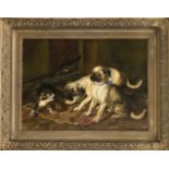 Unidentifizierter Tiermaler, 2. H. 19. Jh., zwei Möpse mit zwei Katzen im Streit, Öl aufLwd., u. re.