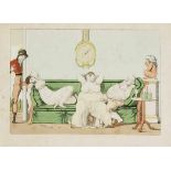 Französischer Karikaturist um 1800, drei Schlafende auf einem Sofa, klorierte Radierungauf Bütten,